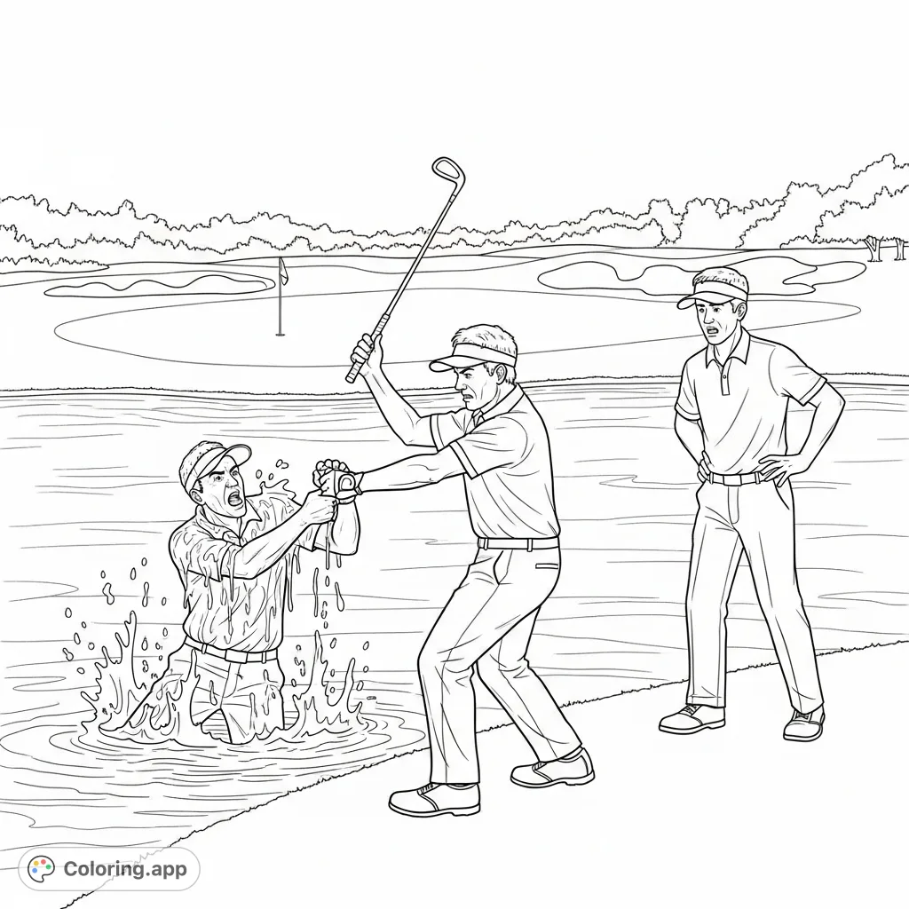 Witness a dynamic golf course skirmish! A drenched man is pulled from a water hazard by an angry opponent, as a third golfer watches in exasperation.