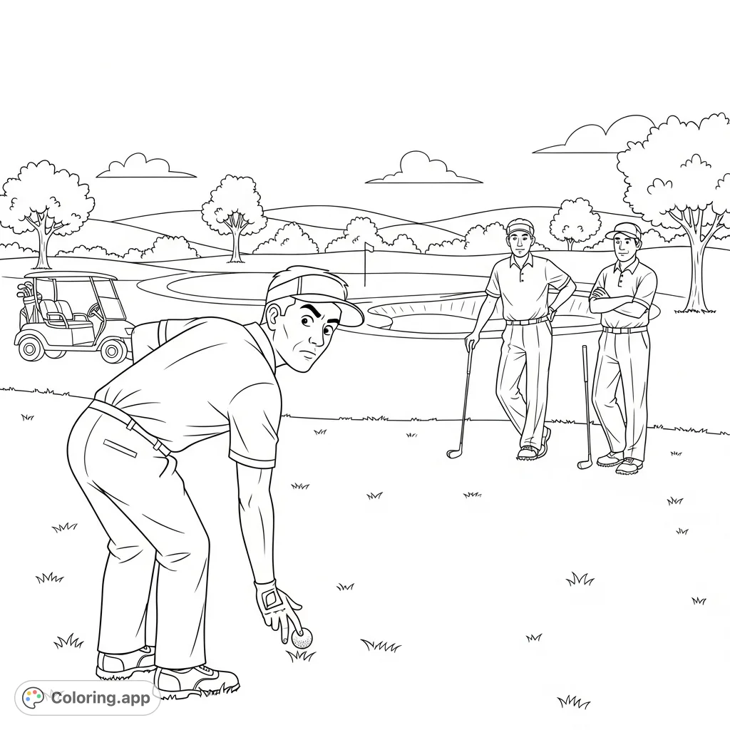 A humorous golf scene featuring a man furtively moving his ball while his companions watch, set on a detailed golf course. Perfect for golf enthusiasts.