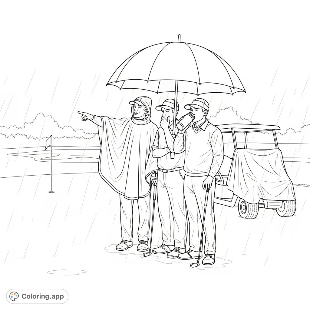 A serene golf coloring page featuring three golfers under an umbrella on a misty course, discussing strategy. Perfect for relaxation and detail.