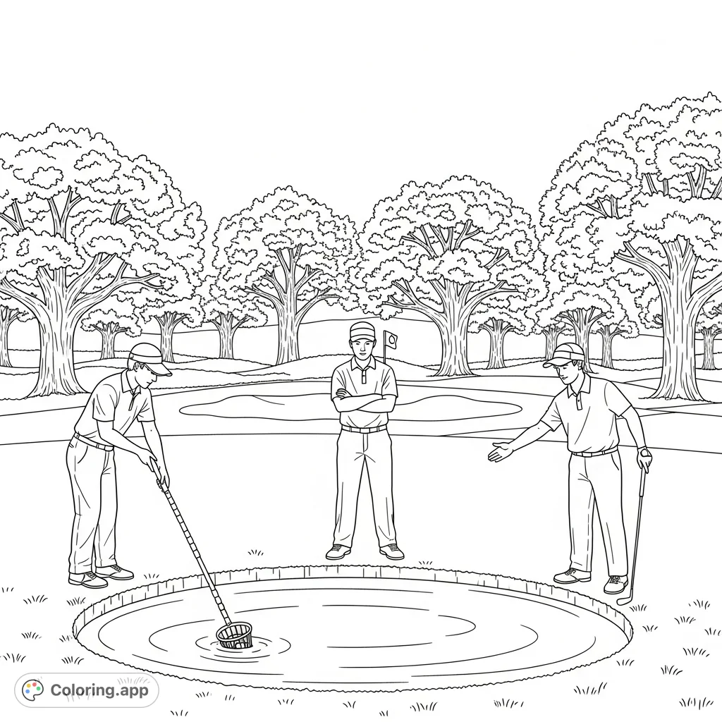 A detailed golfing scene featuring three players around a pond, one retrieving a ball, set against a manicured green and oak trees. Perfect for sports fans.