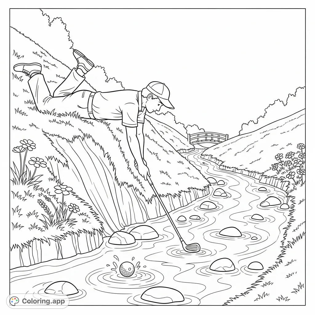 A determined golfer leans precariously over a winding stream, club submerged, attempting to retrieve a golf ball from river stones. A detailed scene of focus and nature.