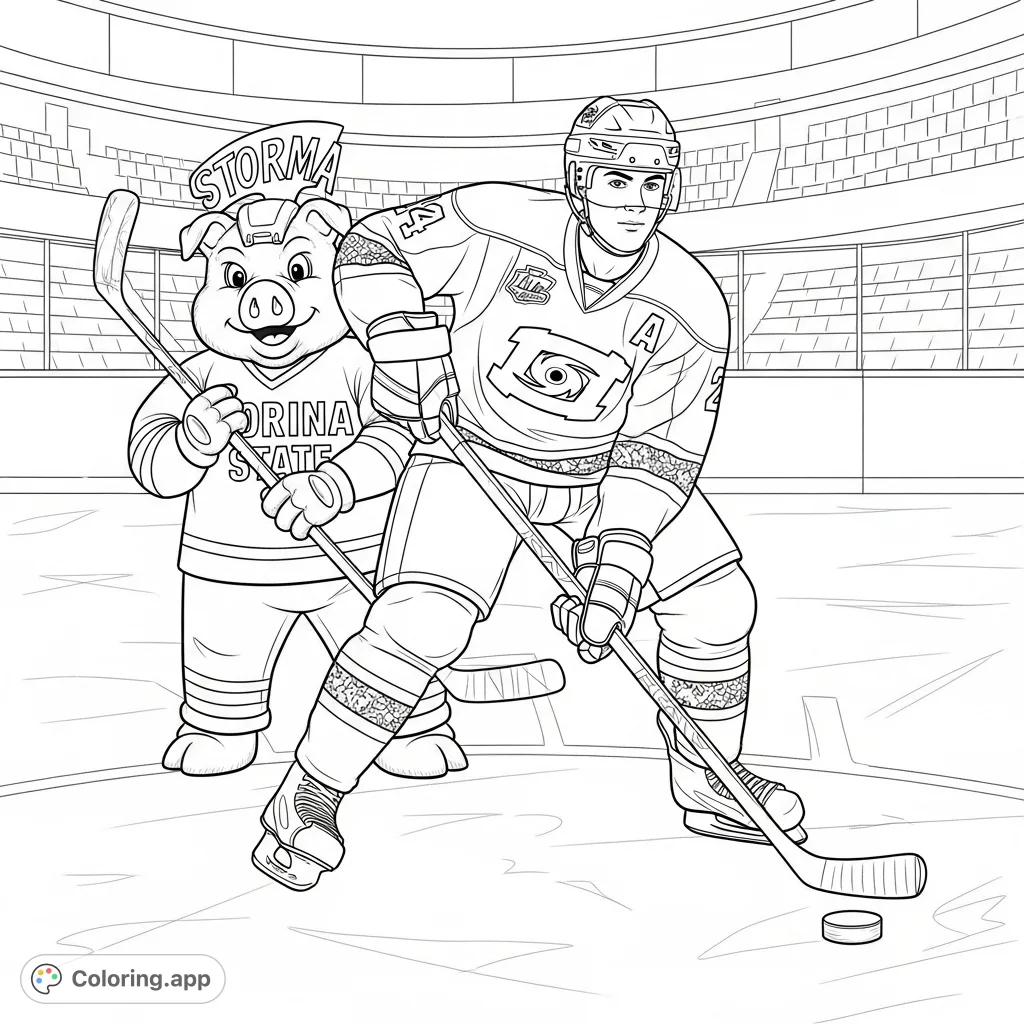 Capture the excitement of the North Carolina State Hockey Team, The Hurricanes, featuring mascot Stormy and a player on the ice. Perfect for fans!