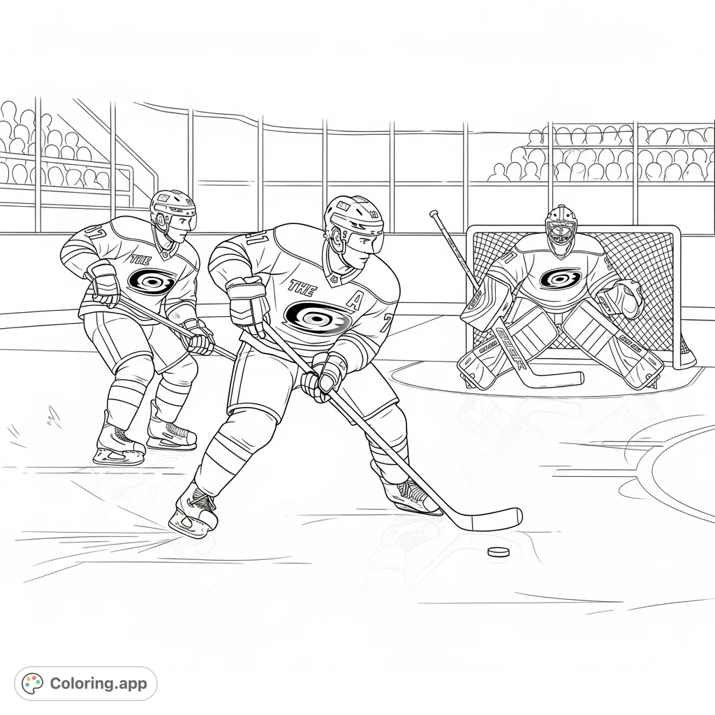 Experience the thrill of The Hurricanes on the ice! This dynamic hockey coloring page features players in action, a goalie in net, and an arena setting.