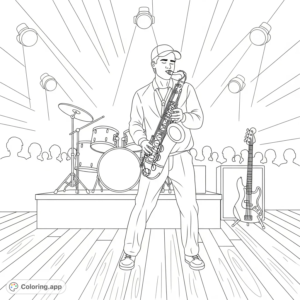 A detailed jazz artist coloring page featuring a saxophonist mid-performance on stage, surrounded by instruments and an attentive audience.