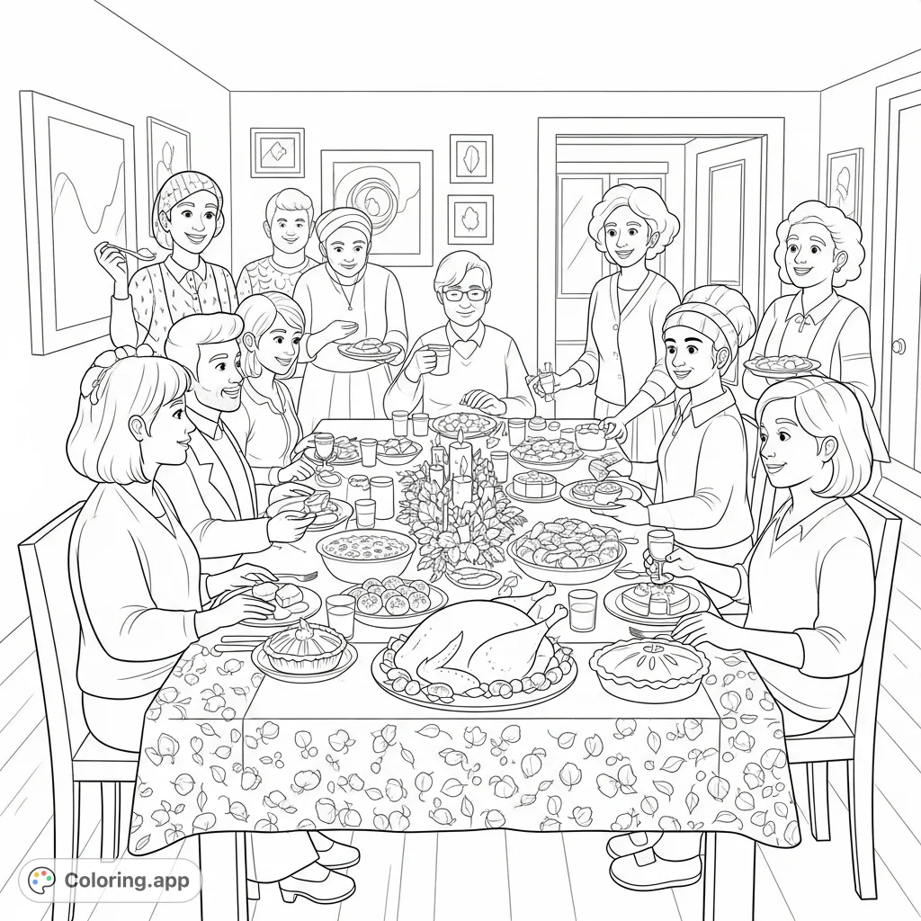 A heartwarming Friendsgiving scene featuring a diverse group of friends sharing a festive meal, laughter, and gratitude around a bountiful table.