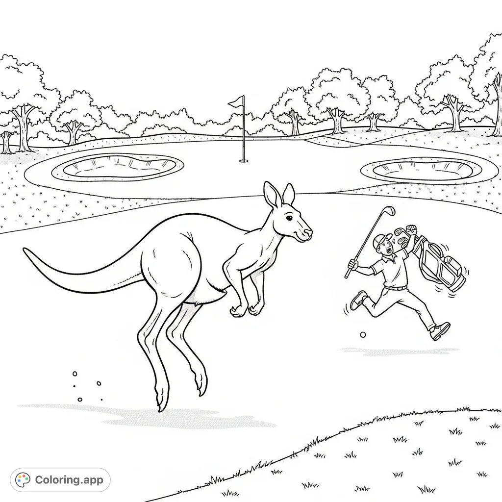 An amusing scene of a kangaroo playfully chasing a startled golfer down a wide golf course fairway, golf club and bag bouncing. A humorous free printable coloring page.