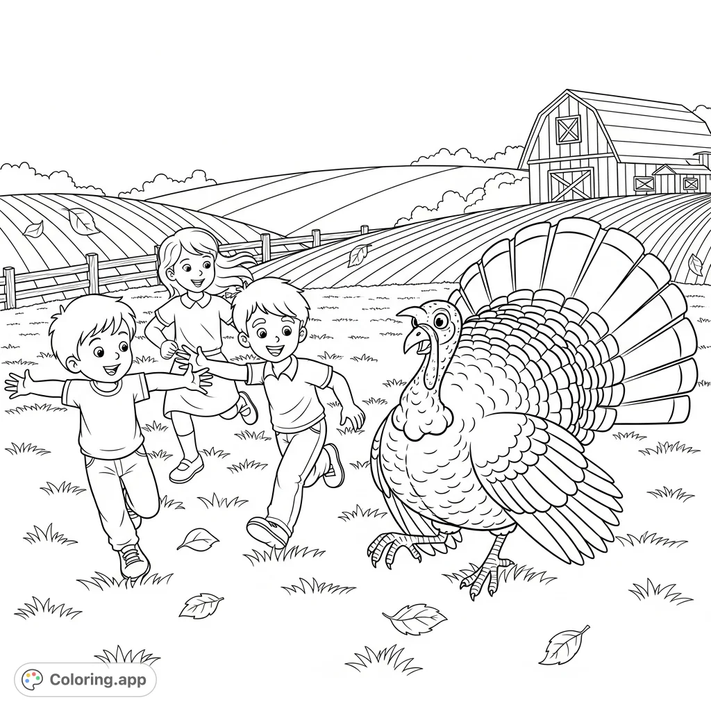 A lively kids chasing a turkey coloring page, featuring three children in pursuit of a surprised turkey across a charming farm landscape.