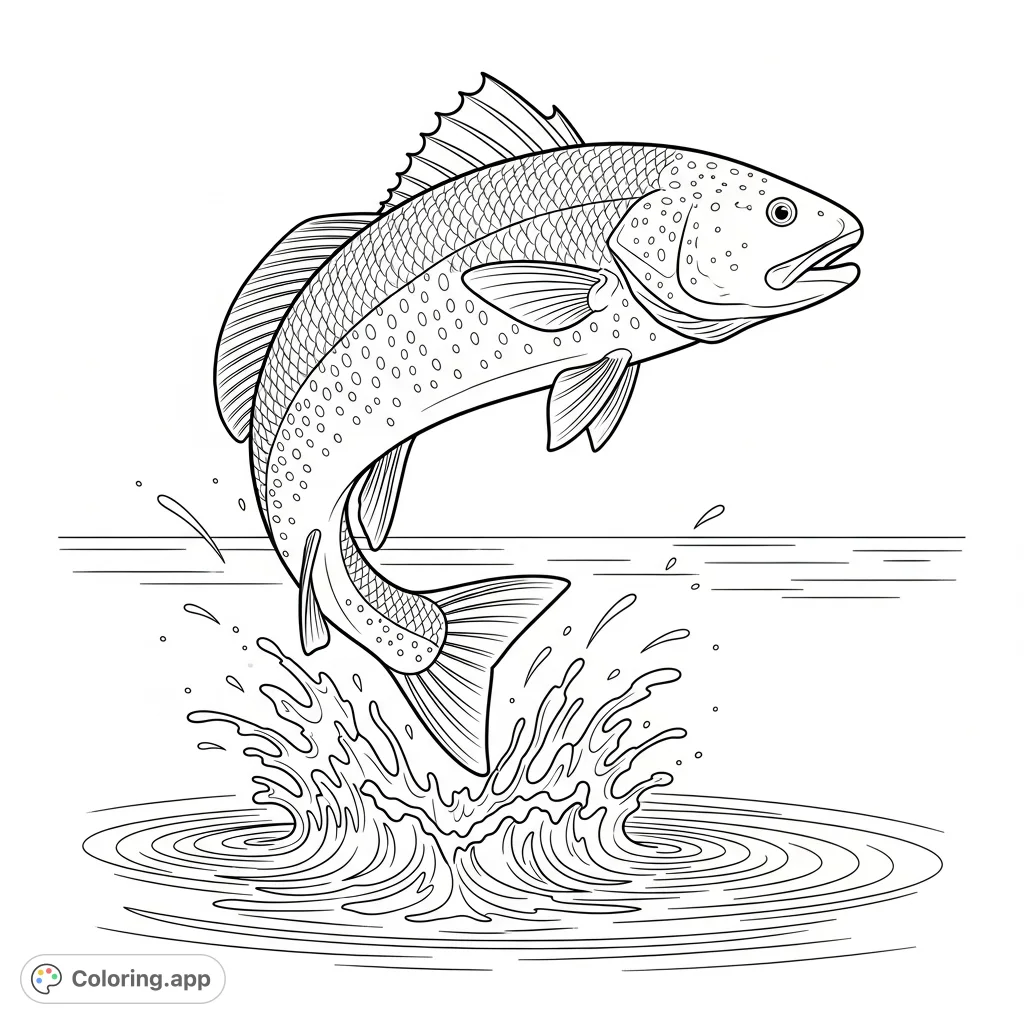 Capture the dynamic energy of a channel bass leaping from the water. This free printable channel bass coloring page features intricate details of the fish and splashing water.