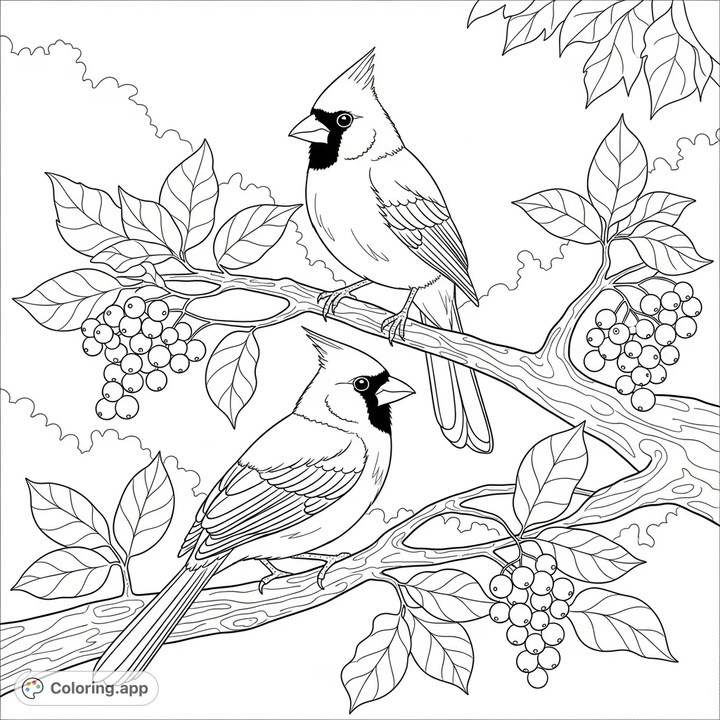 Discover a beautiful cardinal birds coloring page featuring two elegant birds perched on a berry-laden branch amidst natural foliage. Perfect for nature lovers!