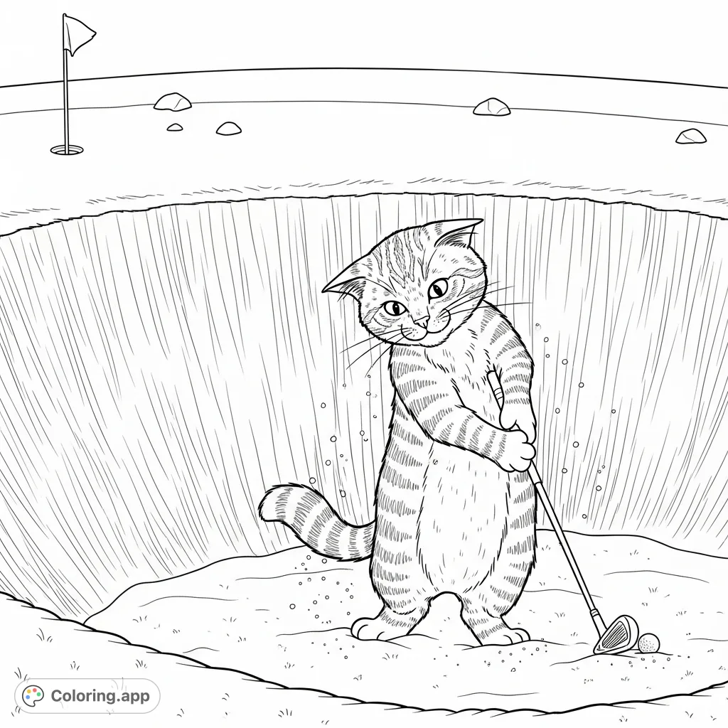 A playful tabby cat, golf club in paw, faces a tricky shot from a deep sand bunker. A humorous scene for golf and animal lovers.