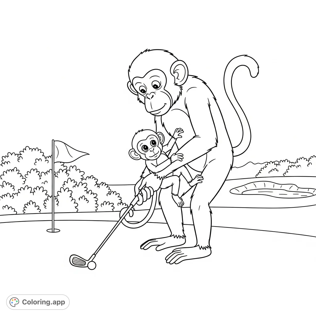 An adorable monkey and its baby play golf on a tropical course. A fun and detailed scene for all ages to color, featuring lush scenery and playful characters.