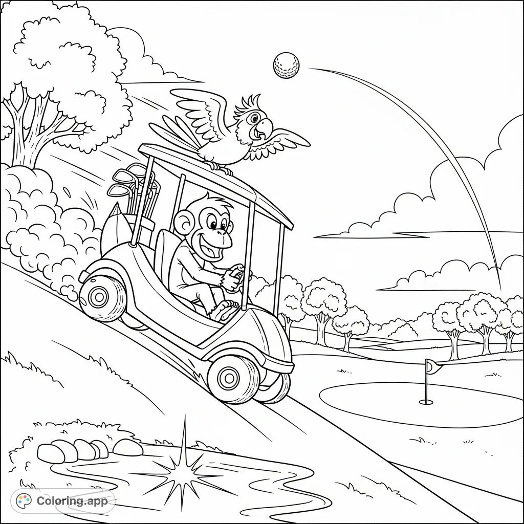 A mischievous monkey races a banana golf cart down a hill with a startled parrot, as a golf ball flies towards the hole. A fun, dynamic scene.