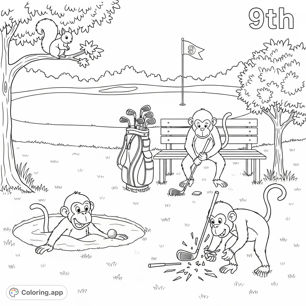 A hilarious golf course coloring page featuring three mischievous monkeys and a squirrel causing comical chaos on the 9th hole. Perfect for all ages!
