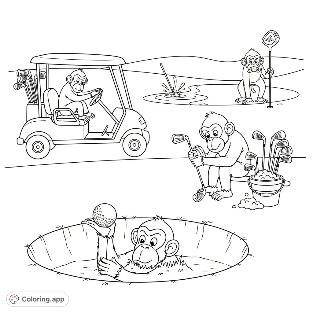 A hilarious golf scene featuring three mischievous monkeys causing chaos: one in a bunker, one polishing clubs, and another despairing over a broken driver. A fun, detailed coloring page.