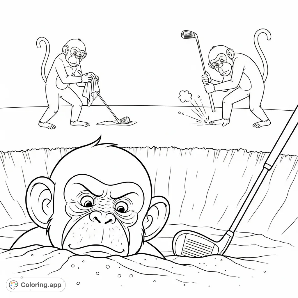 Witness a hilarious golf scene featuring three expressive monkeys: one comically stuck in a sand trap, another meticulously cleaning, and a third breaking a club in frustration. A truly amusing monkey golf coloring page.
