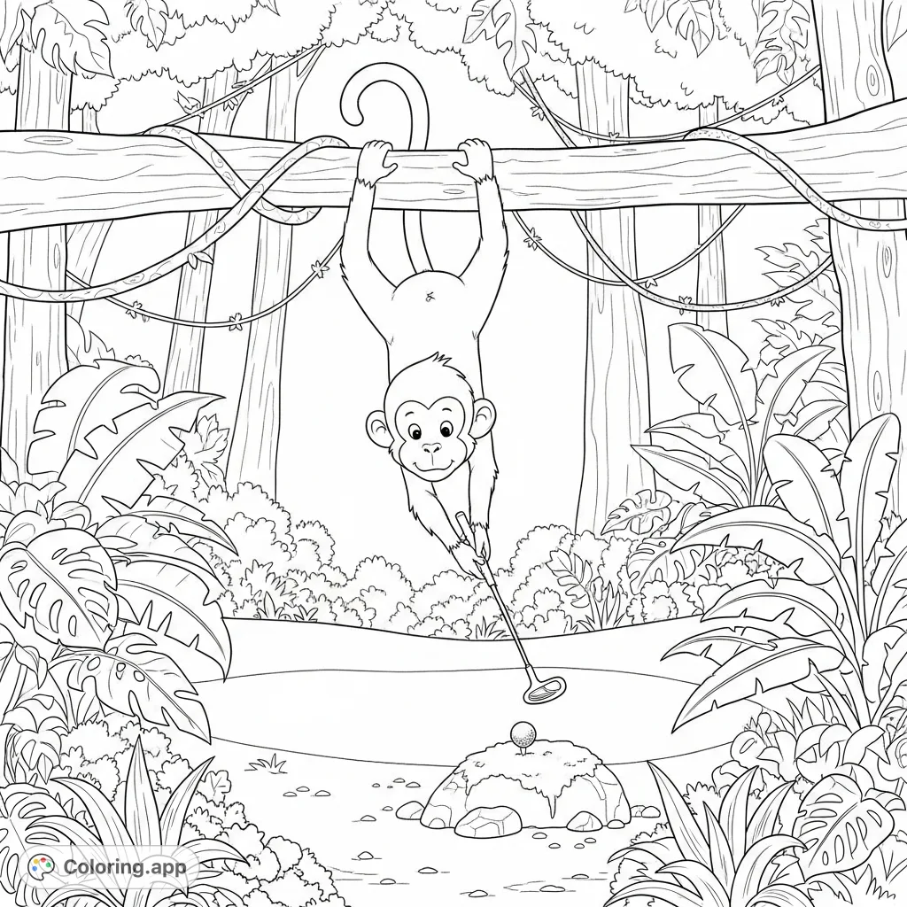 A playful monkey hangs upside down, ready to putt a golf ball in a lush jungle setting. A fun and unique animal sports scene for all ages.