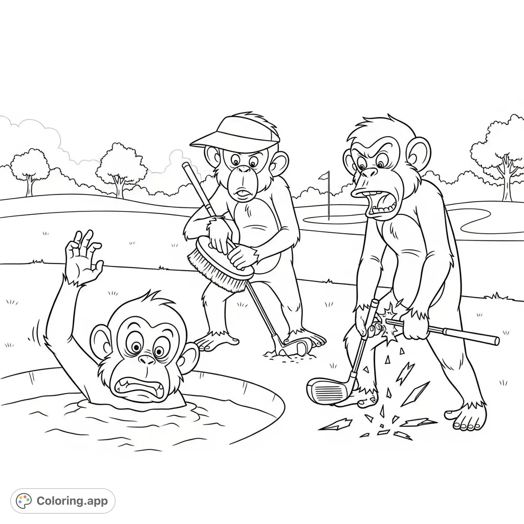 Witness hilarious golf course chaos! Three expressive monkeys cause a ruckus: one in a sand trap, one scrubbing a putter, and another snapping a club.