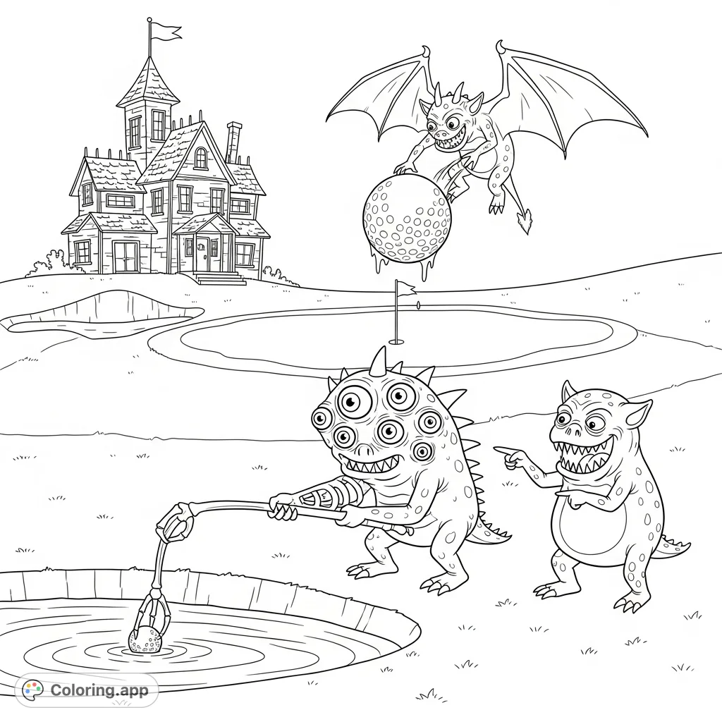 Witness a hilarious and spooky golf game where grotesque monsters cheat and struggle on a bizarre course with a haunted castle clubhouse. A unique coloring challenge!