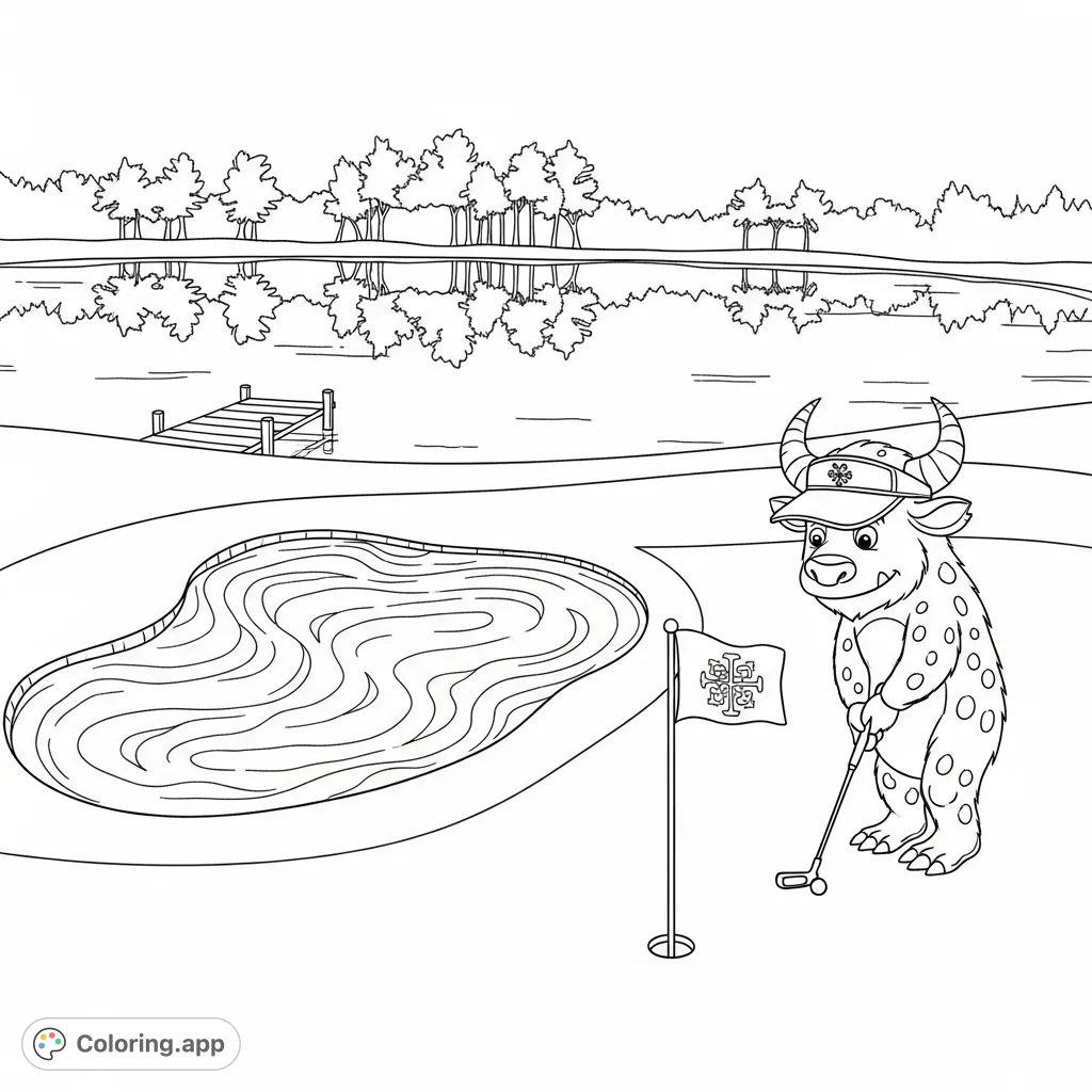 A friendly horned monster in a golf visor lines up a putt on a manicured green, with a unique flag, rippled sand trap, and serene lake background.