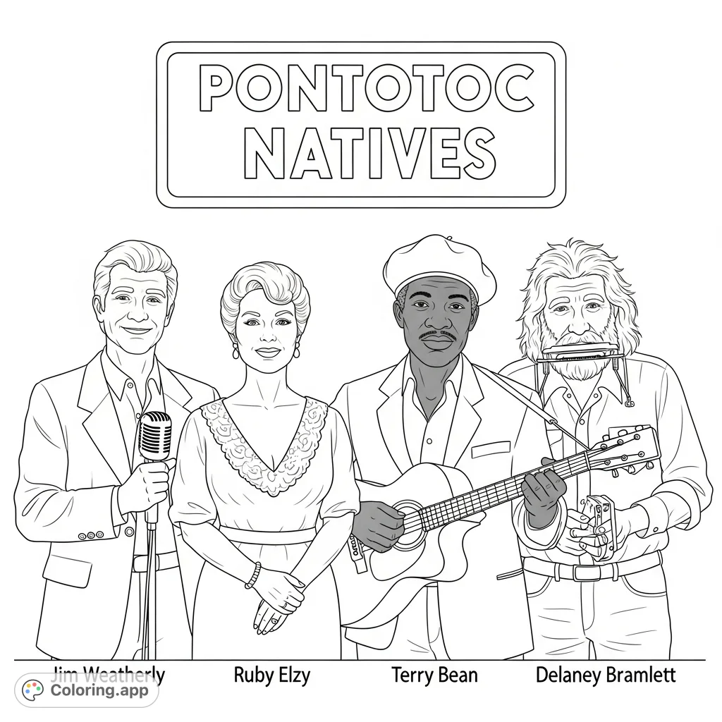 A tribute to four musical artists from Pontotoc: Jim Weatherly, Ruby Elzy, Terry Bean, and Delaney Bramlett, depicted with their instruments and a 'Pontotoc Natives' sign.