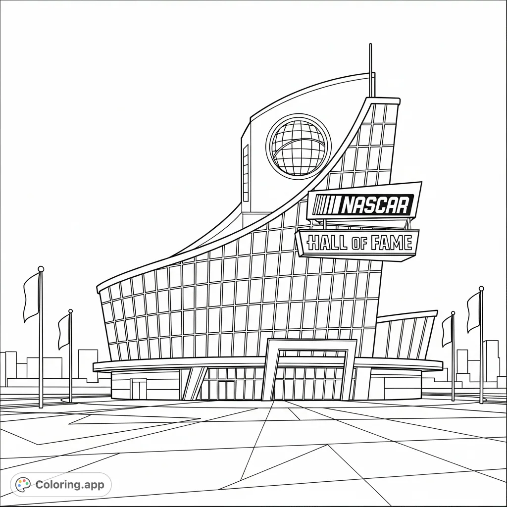 Color the iconic NASCAR Hall of Fame building, featuring its distinctive curved glass facade, grand oculus, and expansive plaza. A detailed architectural coloring page.