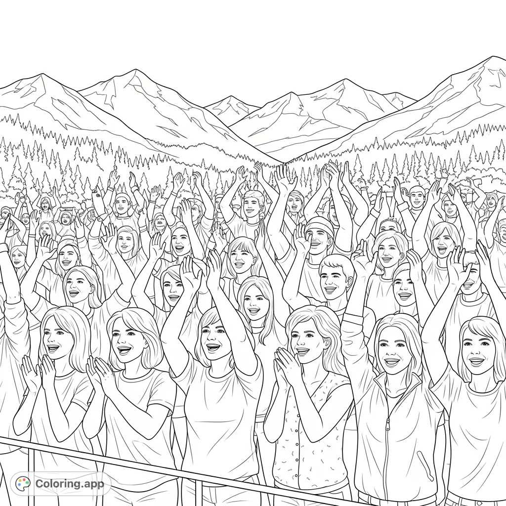 Capture the spirit of North Carolina with this cheering crowd coloring page, set against a majestic mountain backdrop. Perfect for all ages!