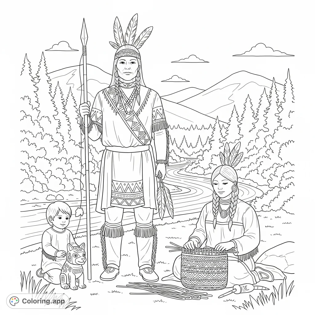 Explore the rich heritage of North Carolina Native American Indians. This free printable coloring page features figures in traditional attire amidst a natural landscape.