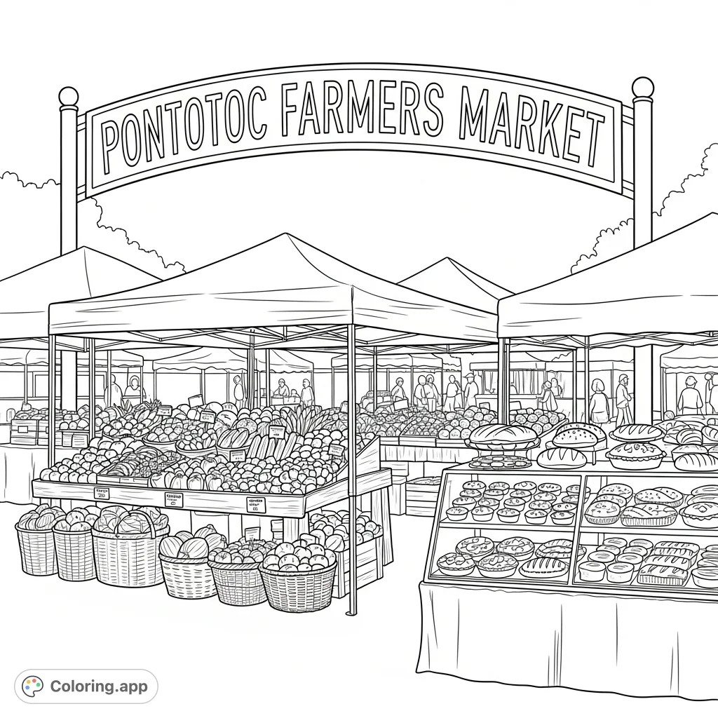 Explore a vibrant Pontotoc Farmers Market coloring page with a prominent sign, bustling stalls, fresh produce, and delicious baked goods.