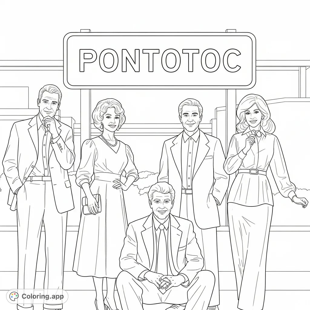 A unique coloring page featuring Jim Weatherly, Ruby Elzy, Terry Bean, and Delanie Bramlett, with a 'Pontotoc' sign. Celebrate local history!