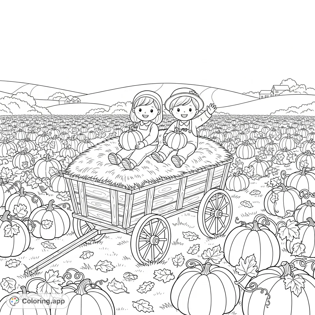A heartwarming Thanksgiving coloring page featuring kids enjoying a hayride in a pumpkin patch, surrounded by autumn's bounty. Perfect for festive creativity!