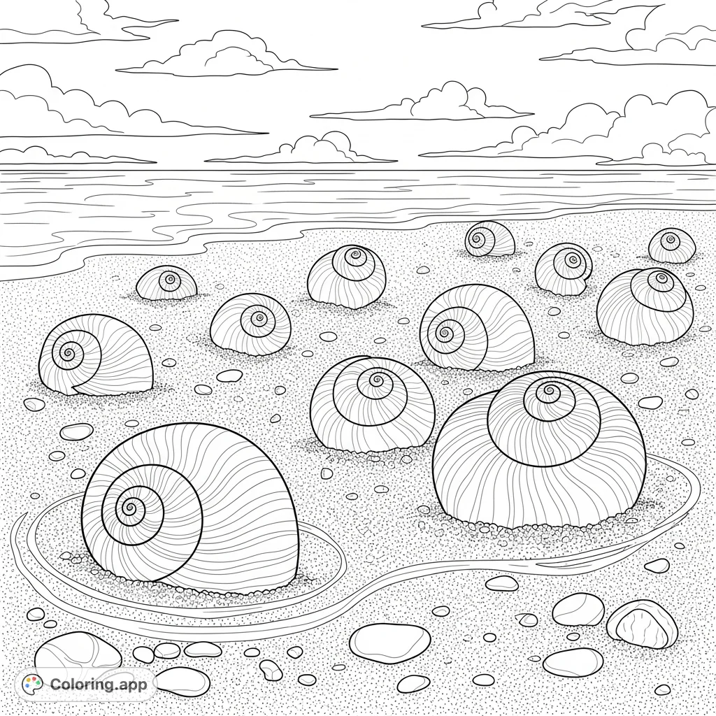 Discover a serene beach scene featuring beautifully detailed scotch bonnet shells nestled in the sand, perfect for a relaxing coloring experience.