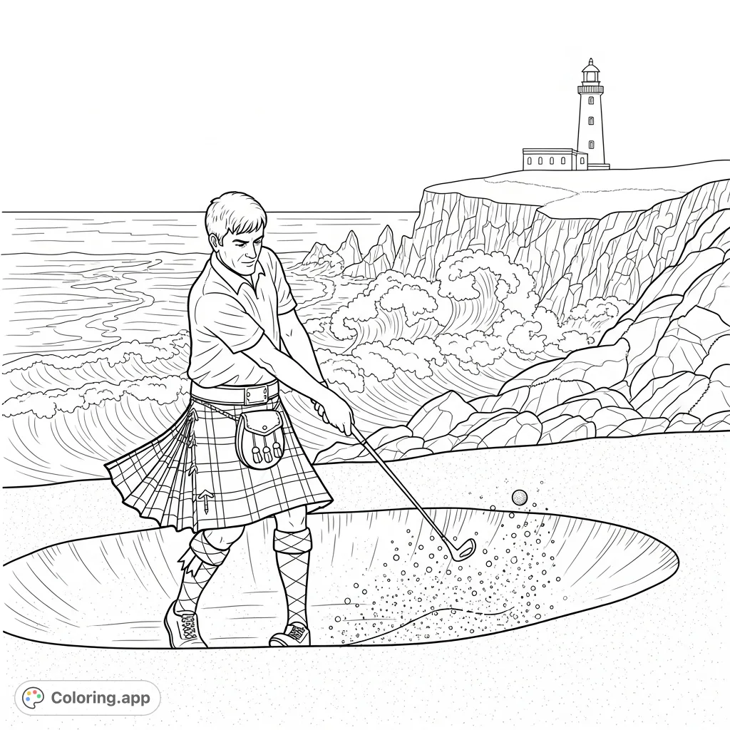 A determined Scottish man in a kilt chips a golf ball from a sand bunker, set against a dramatic coastline with crashing waves and a distant lighthouse.