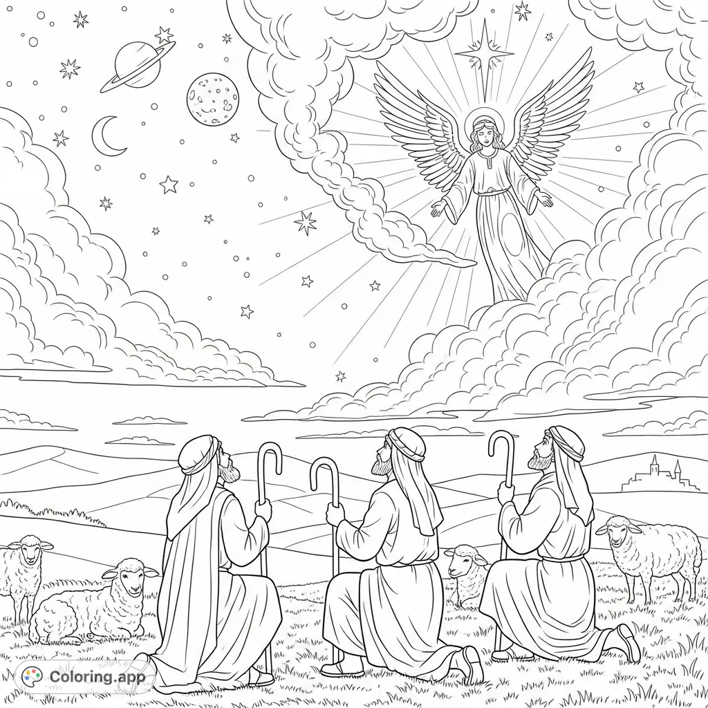 Experience the wonder of the Nativity with this free printable coloring page featuring shepherds, their flock, and a glowing angel under a celestial sky.