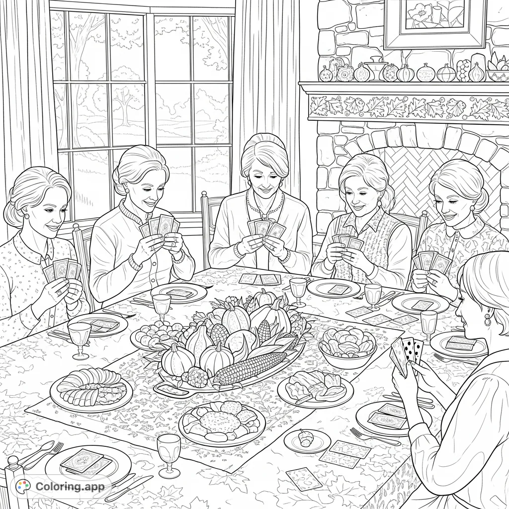 Gather around for a festive Thanksgiving coloring page! Women enjoy a card game amidst a detailed holiday feast and cozy autumn decor.