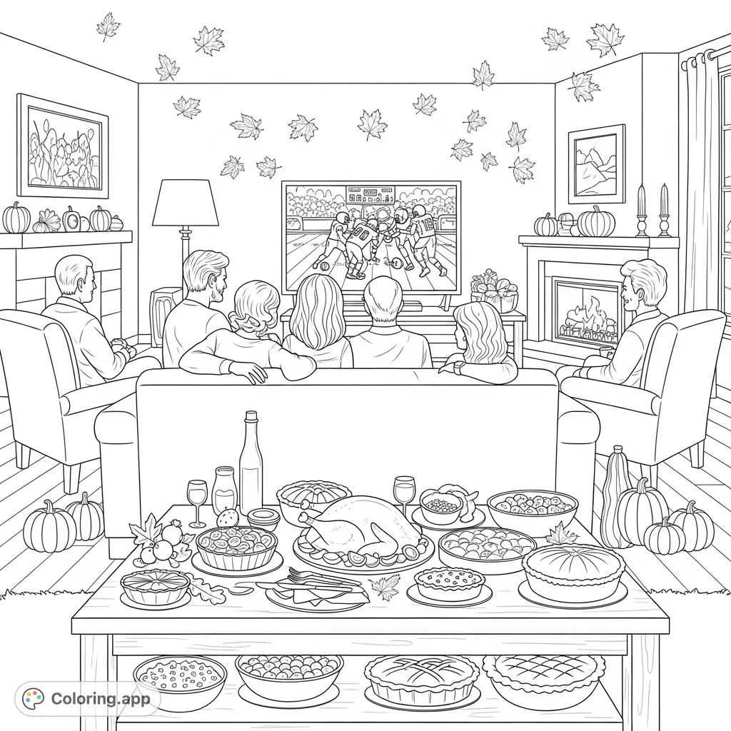 A heartwarming Thanksgiving coloring page featuring a family watching football in a cozy living room, complete with festive decorations and a delicious feast.