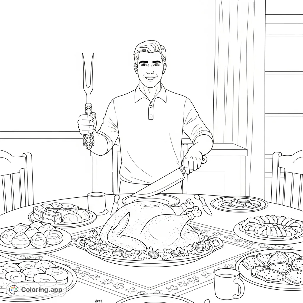 A heartwarming Thanksgiving scene featuring a father proudly carving a grand turkey, surrounded by festive table settings. Perfect for family fun.