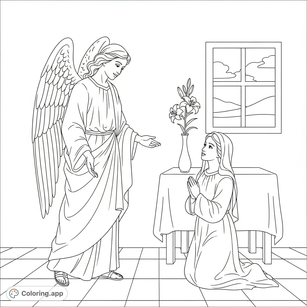 A serene Annunciation scene featuring the Angel Gabriel with graceful wings and a humble Mary. Perfect for reflection and detailed coloring.