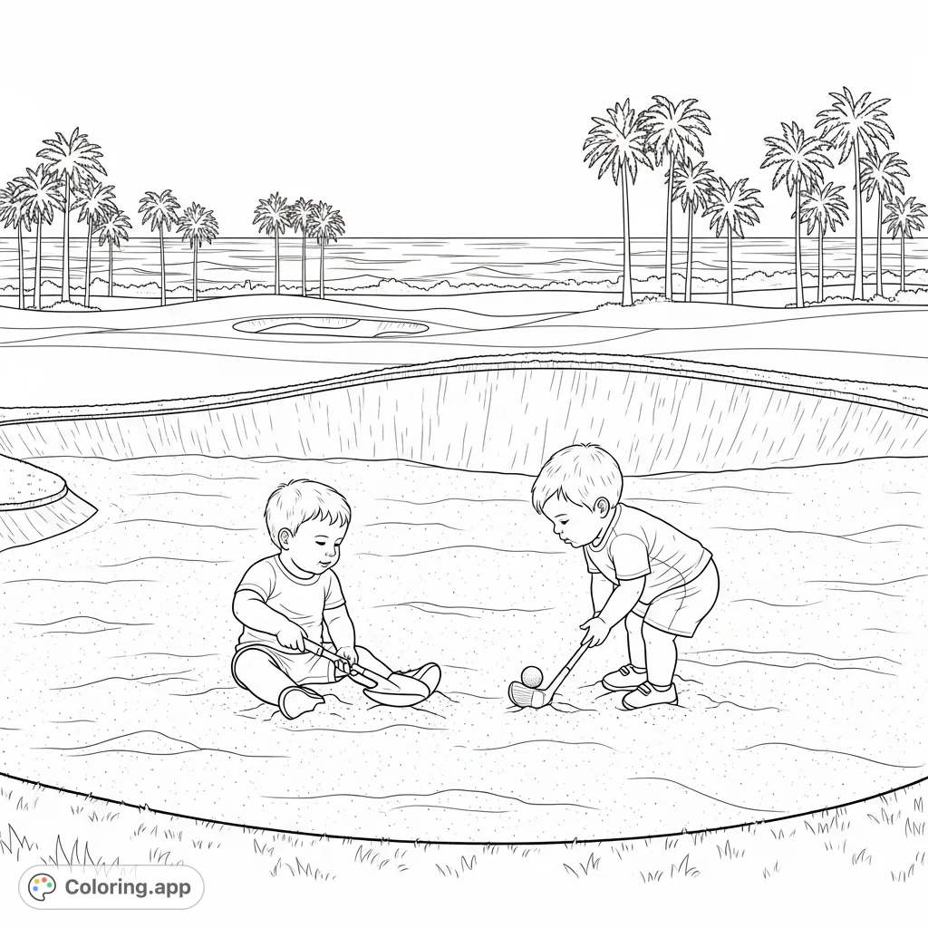 A delightful golf course coloring page featuring two curious toddlers exploring a sand trap, surrounded by palm trees and a distant ocean view. Perfect for young artists.