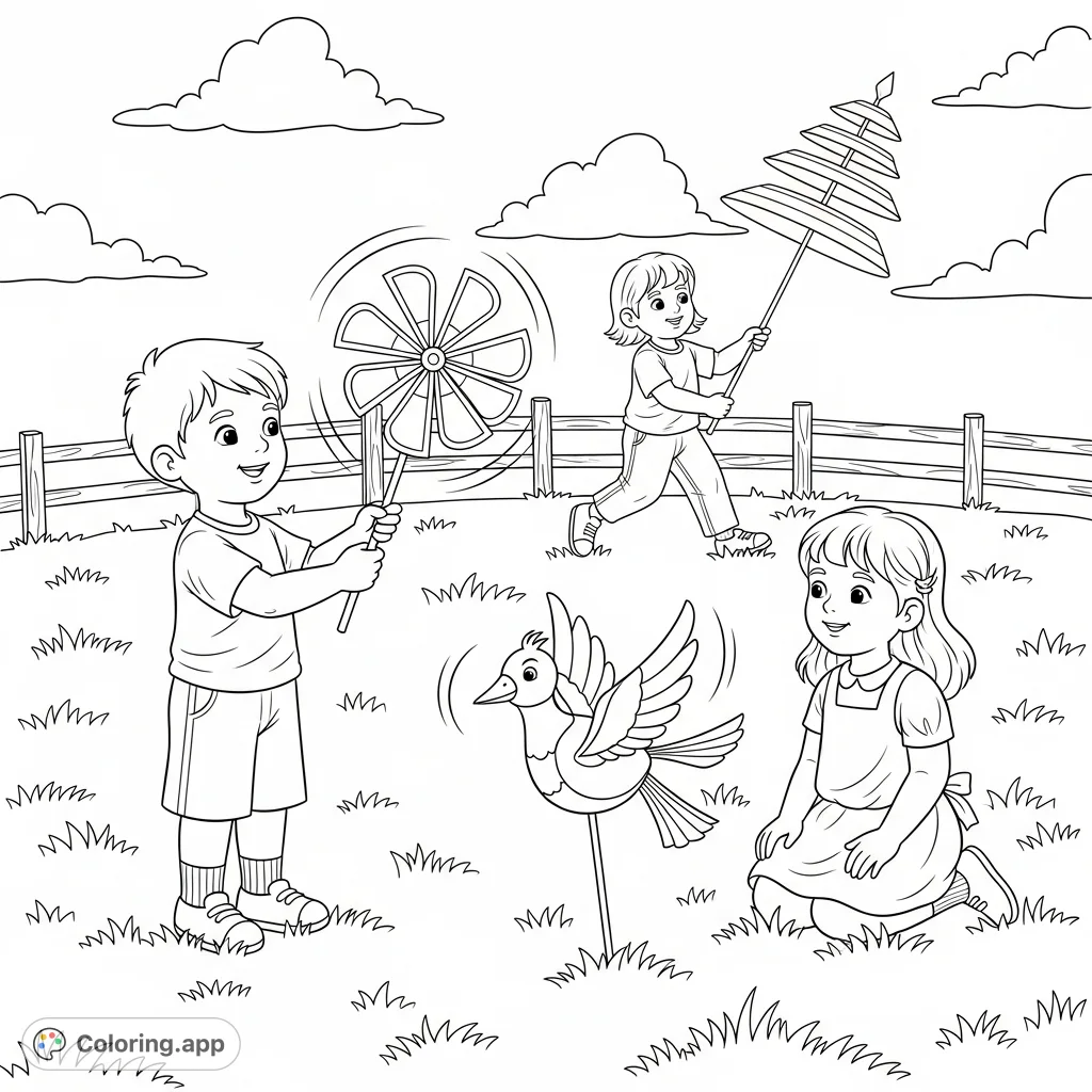 A delightful whirligig coloring page featuring children playing with various whimsical whirligigs in a sunny outdoor setting. Perfect for imaginative fun!
