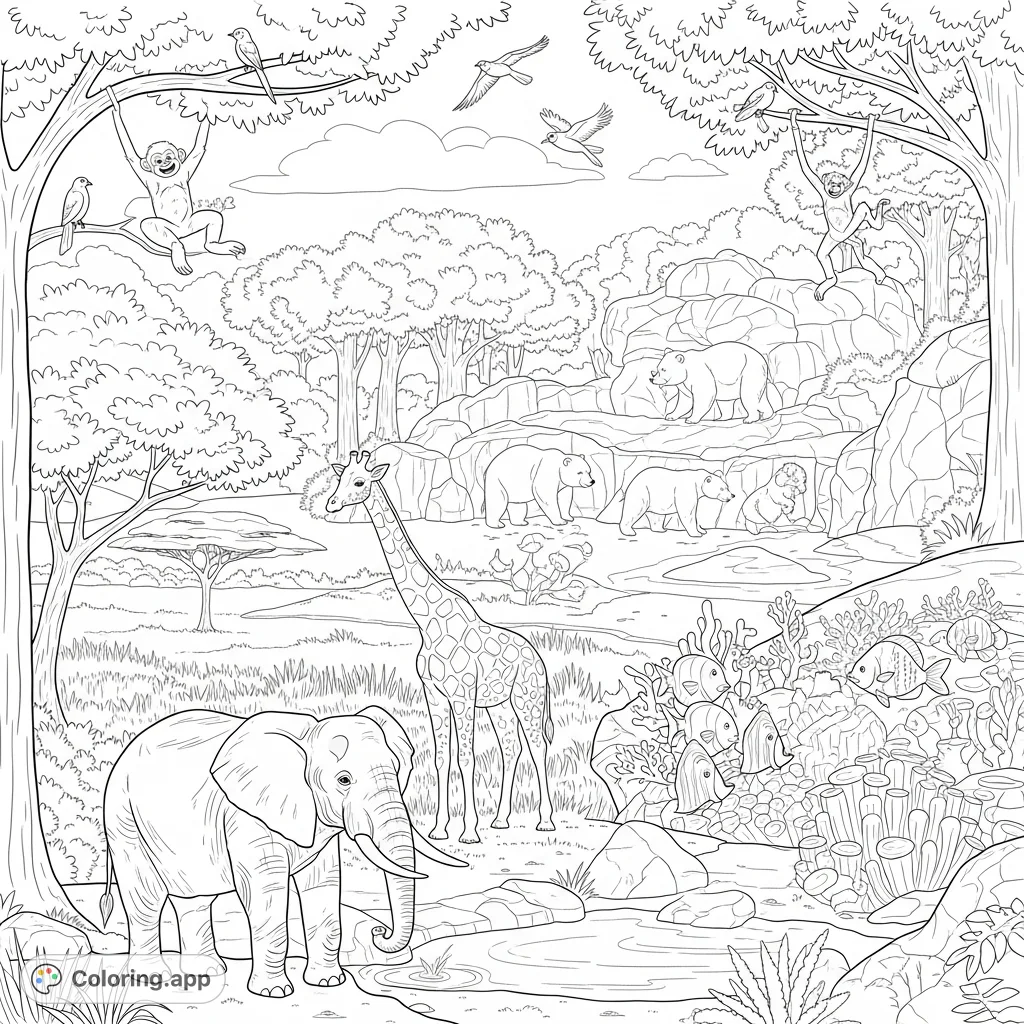 Explore North Carolina's largest natural habitat zoo with this detailed coloring page featuring elephants, giraffes, bears, primates, and diverse landscapes.