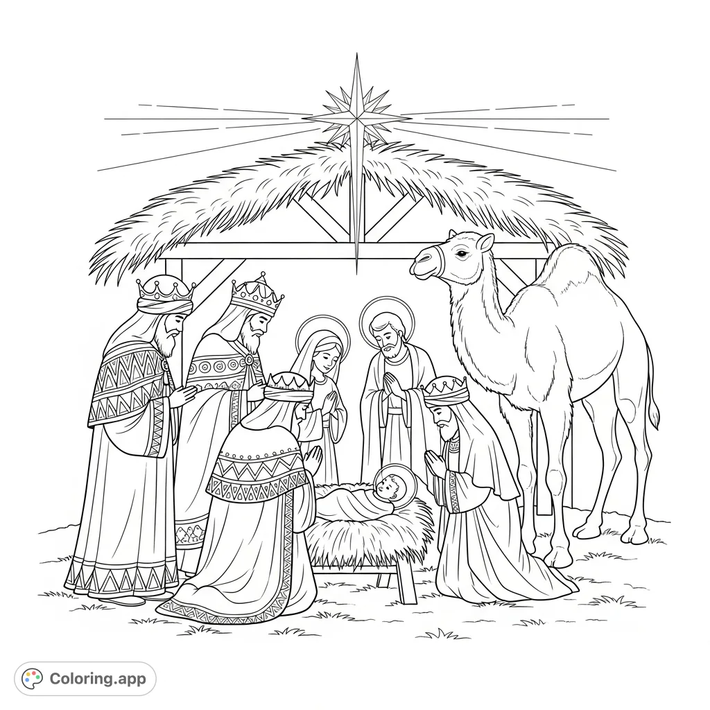 A heartwarming Wise Men coloring page depicting the adoration of Baby Jesus in a humble stable, complete with Mary, Joseph, and a patient camel.