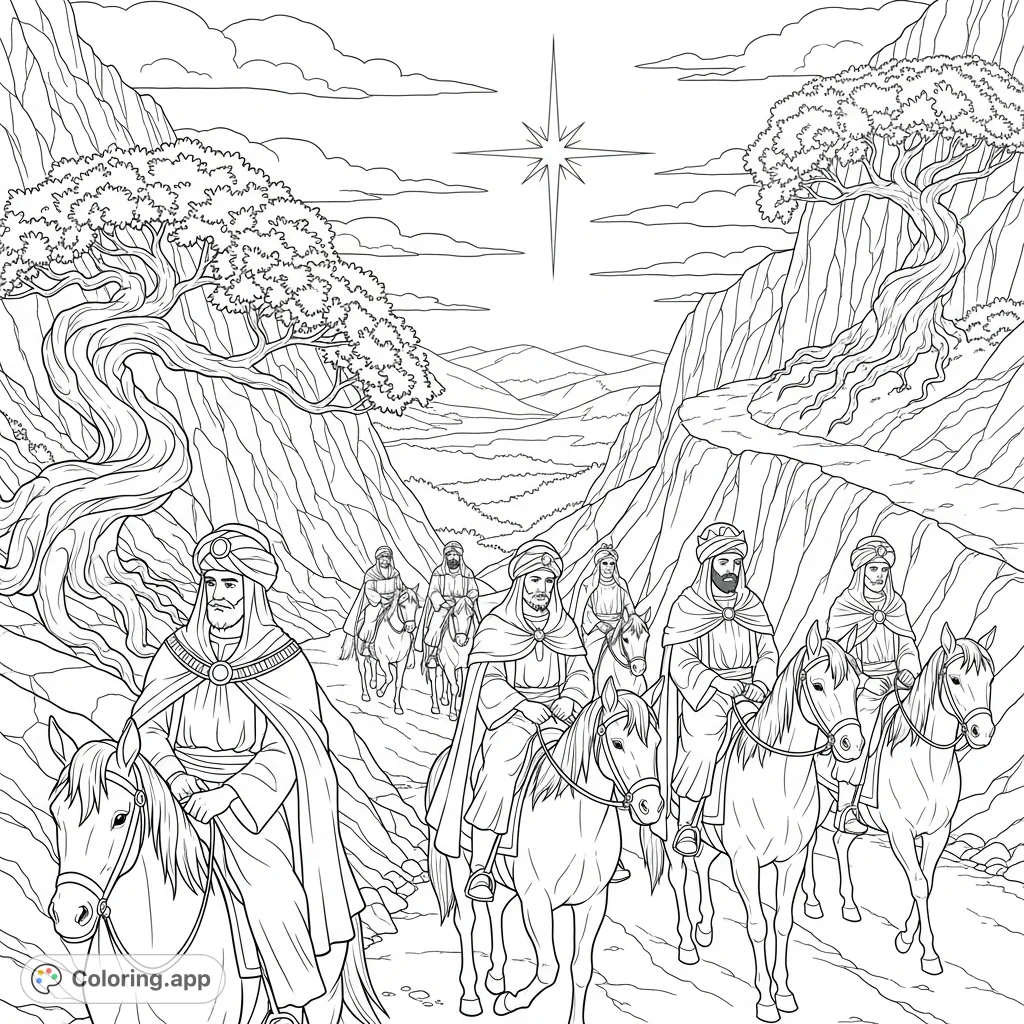 Embark on a solemn journey with the Three Wise Men as they traverse a rugged mountain pass under the guiding light of the Star of Bethlehem. A detailed historical scene.