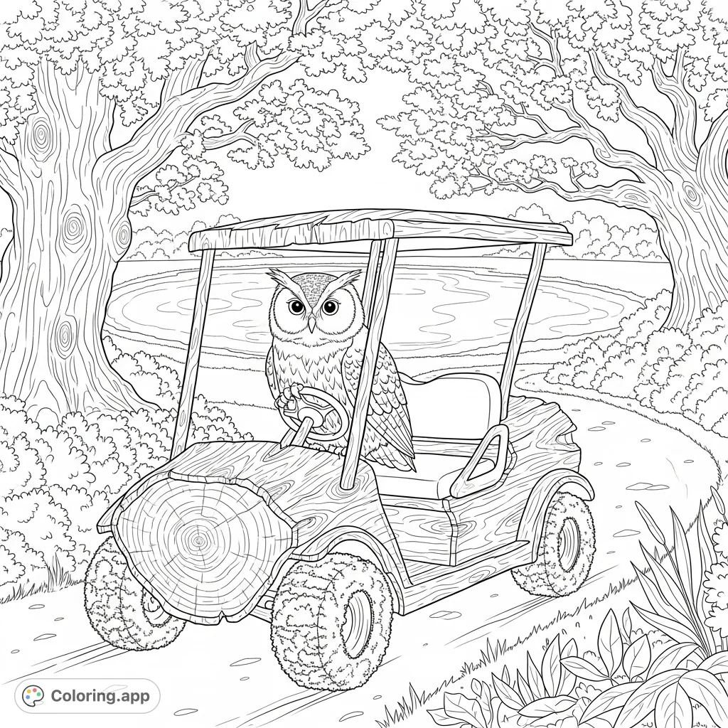 Embark on a serene journey with a wise old owl driving a moss-covered log golf cart along a tranquil path, framed by ancient oak trees.