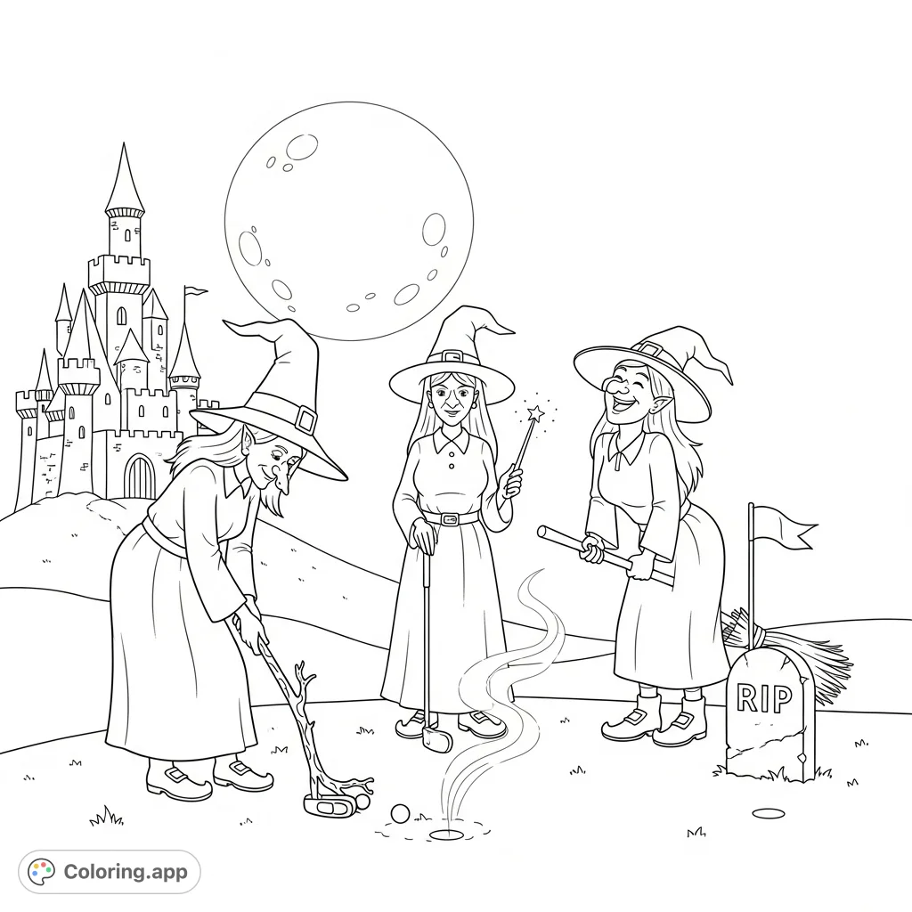 A whimsical witches golf coloring page featuring three magical figures playing golf under a moonlit sky with a spooky castle in the distance. Perfect for fantasy fans.