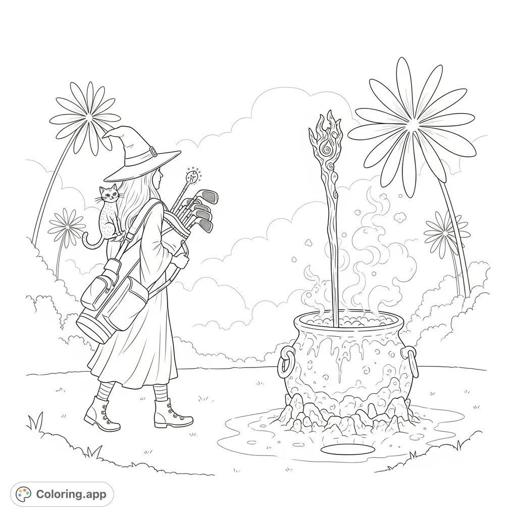 A solitary witch strides towards a bubbling cauldron golf hole, carrying wands and enchanted clubs, with a mischievous cat on her shoulder.