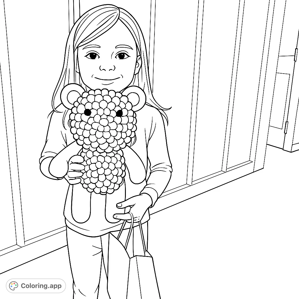 A cheerful girl holds a charming teddy bear-like figure with a unique textured surface, perfect for a creative coloring experience.