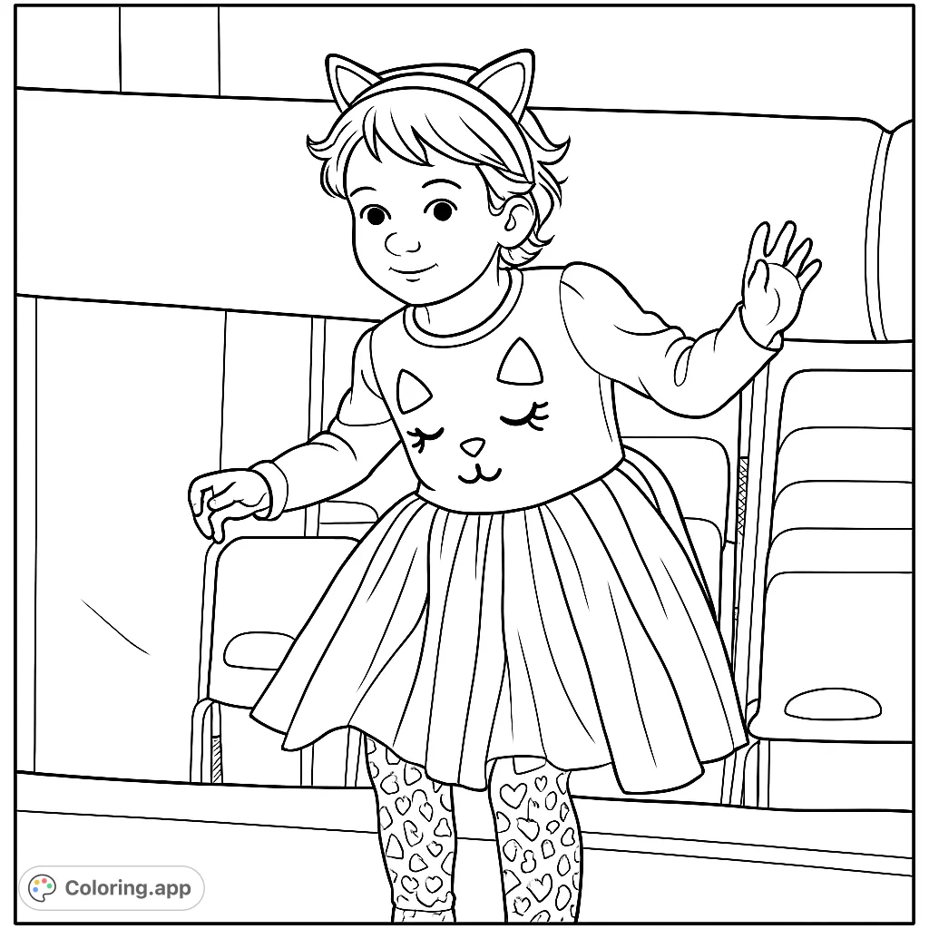 A delightful coloring page featuring a joyful child in an adorable cat costume with a layered skirt and patterned leggings, ready for creative coloring fun.