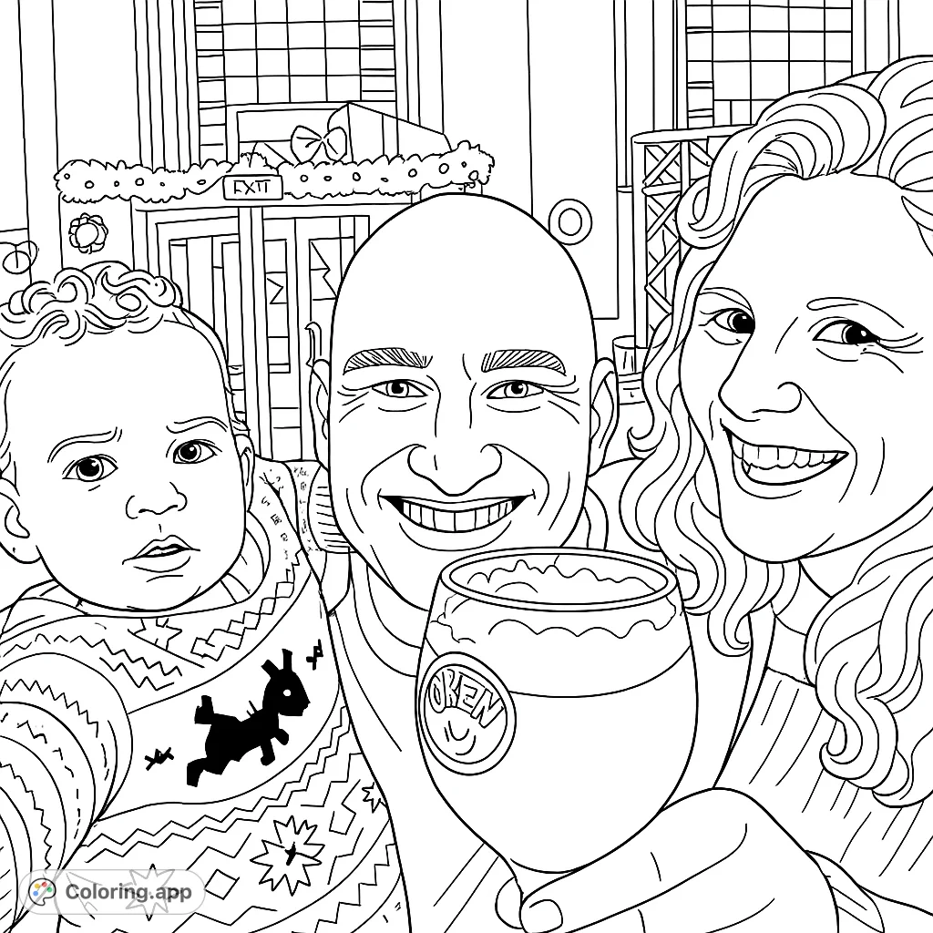 A heartwarming family portrait featuring a baby, man, and woman, celebrating together amidst festive decorations. Perfect for a joyful coloring experience.