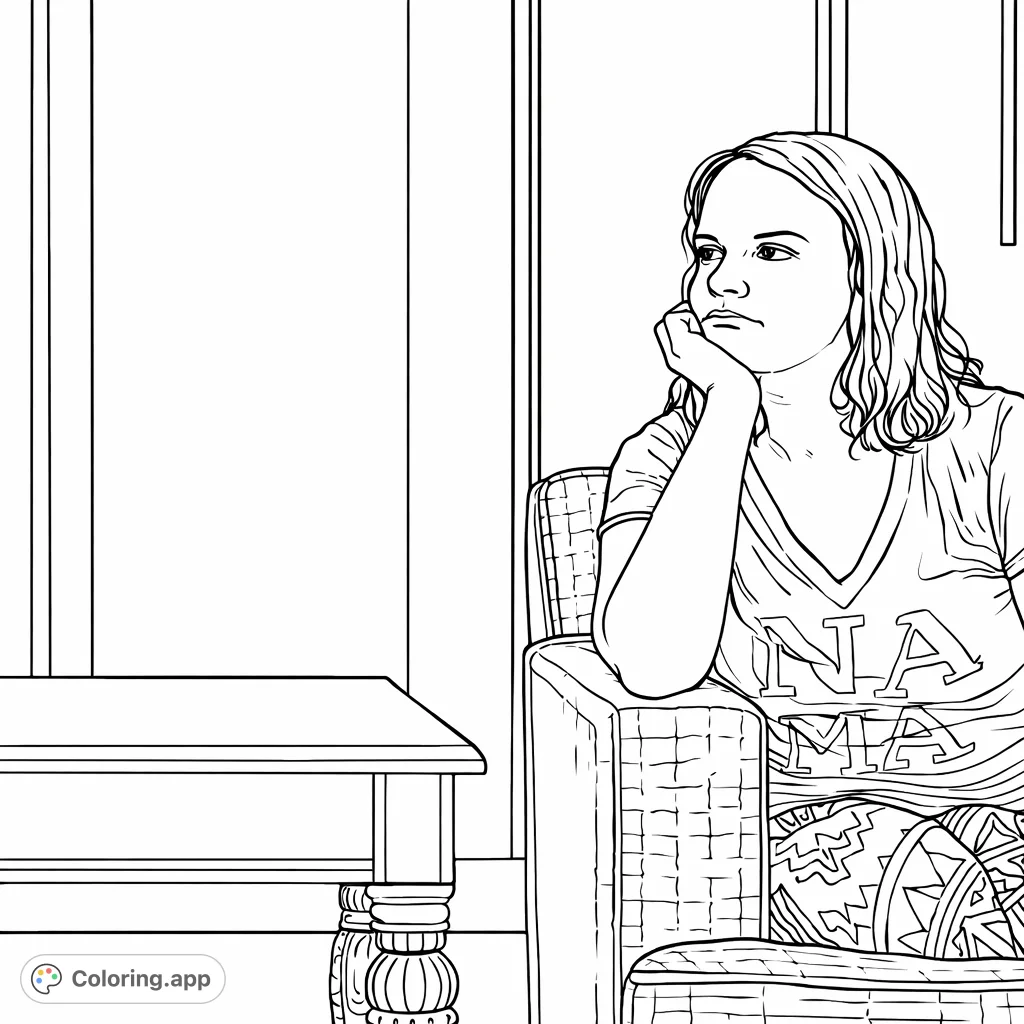 Capture a moment of quiet reflection with this casual portrait coloring page. Features a person seated in a patterned top, set against a wood-paneled wall.