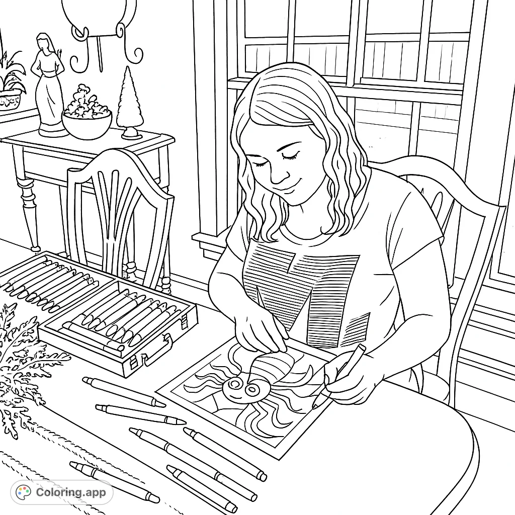 A delightful coloring page depicting a person immersed in coloring a whimsical banana character, surrounded by art supplies and a cozy home setting.